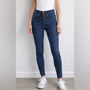 LOFT High Rise Dark Wash Button Flu Skinny Jeans Size 24/00 (fits like a 25)